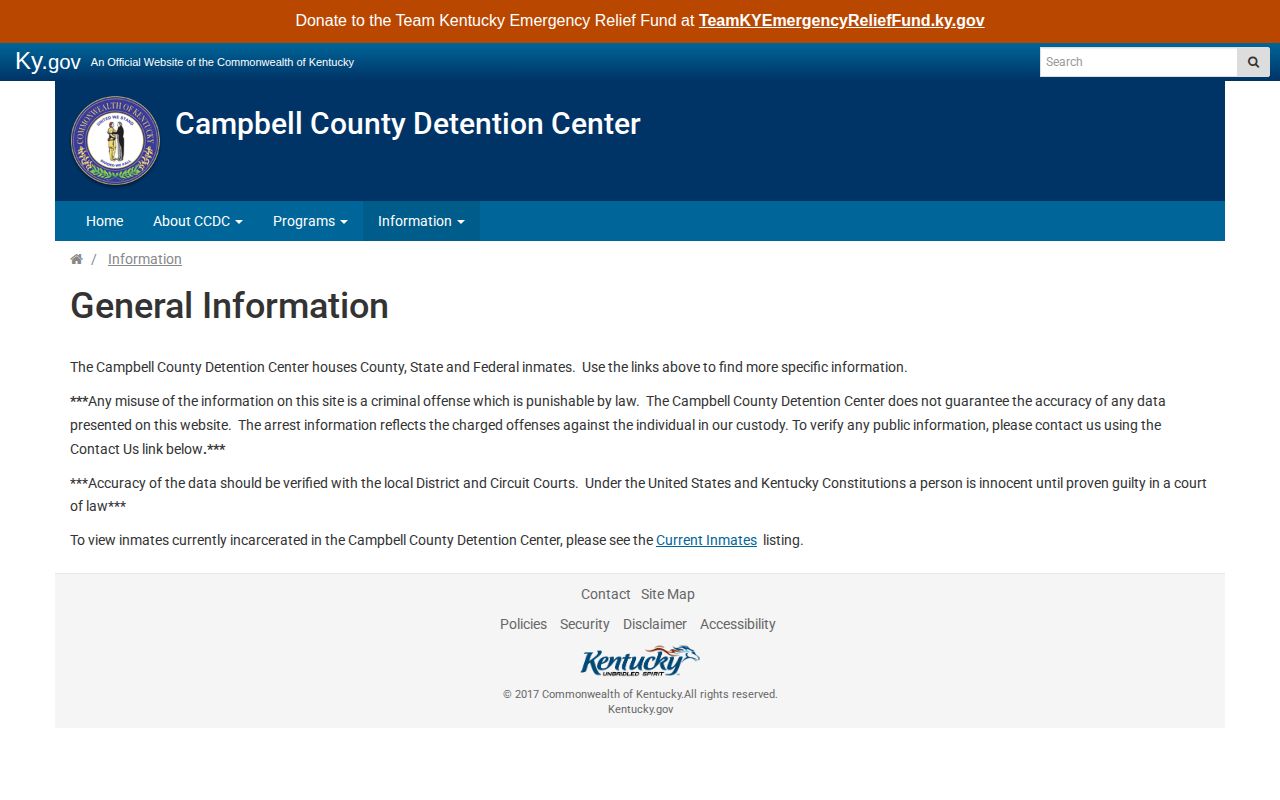 Campbell County Detention Center information about charged offenses and custody