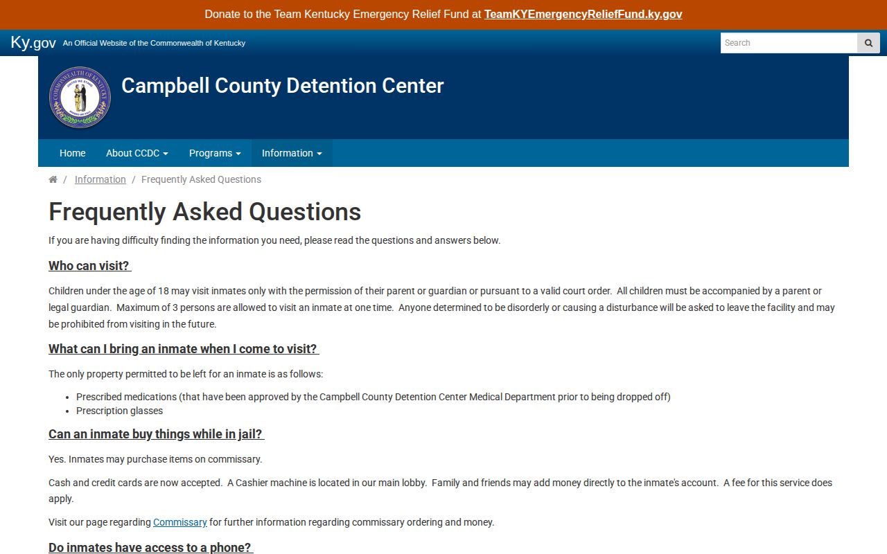 Campbell County Detention Center FAQ about custody pictures bond and federal limits