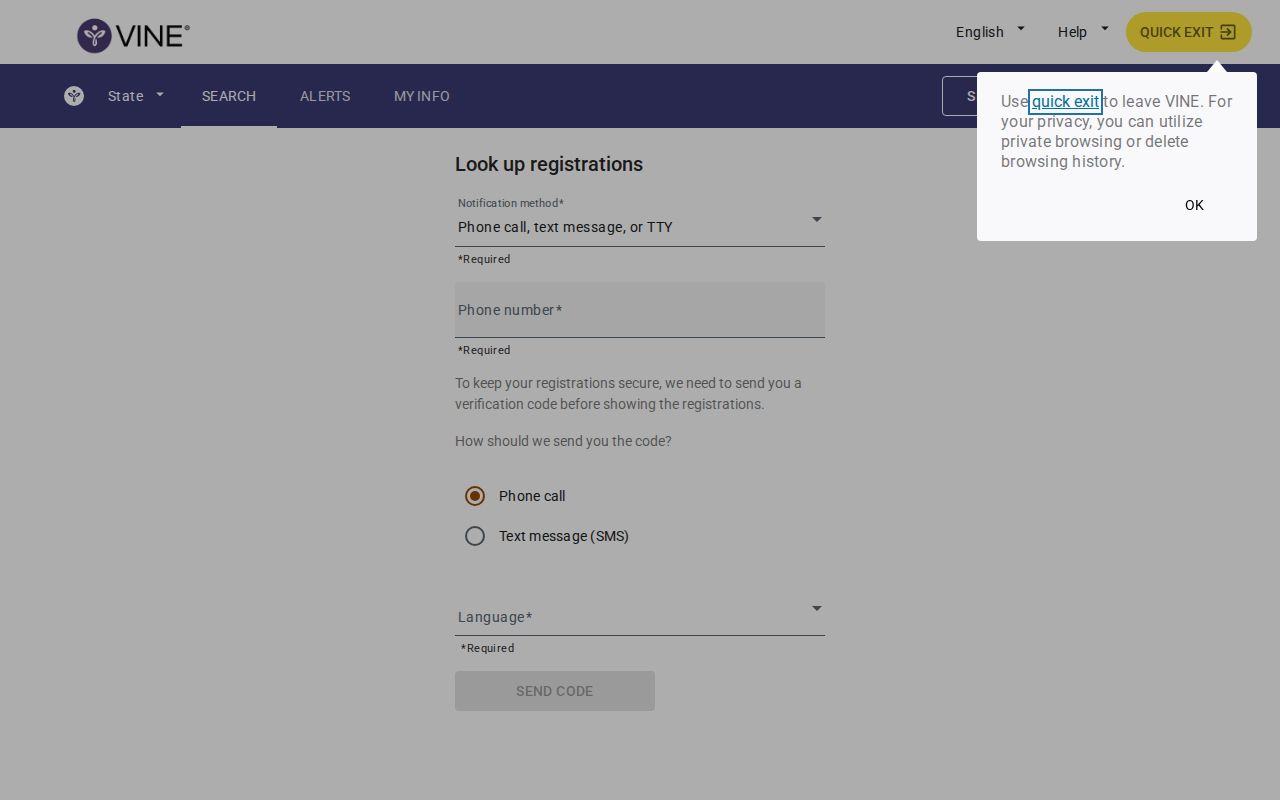 VINELink alert registration interface for custody changes