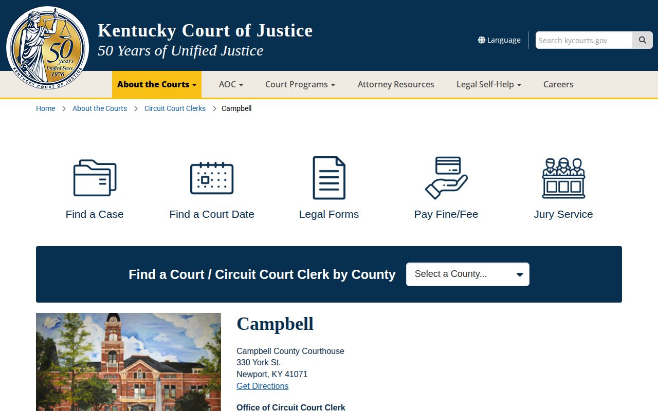 Kentucky Courts Campbell County clerk and case information page