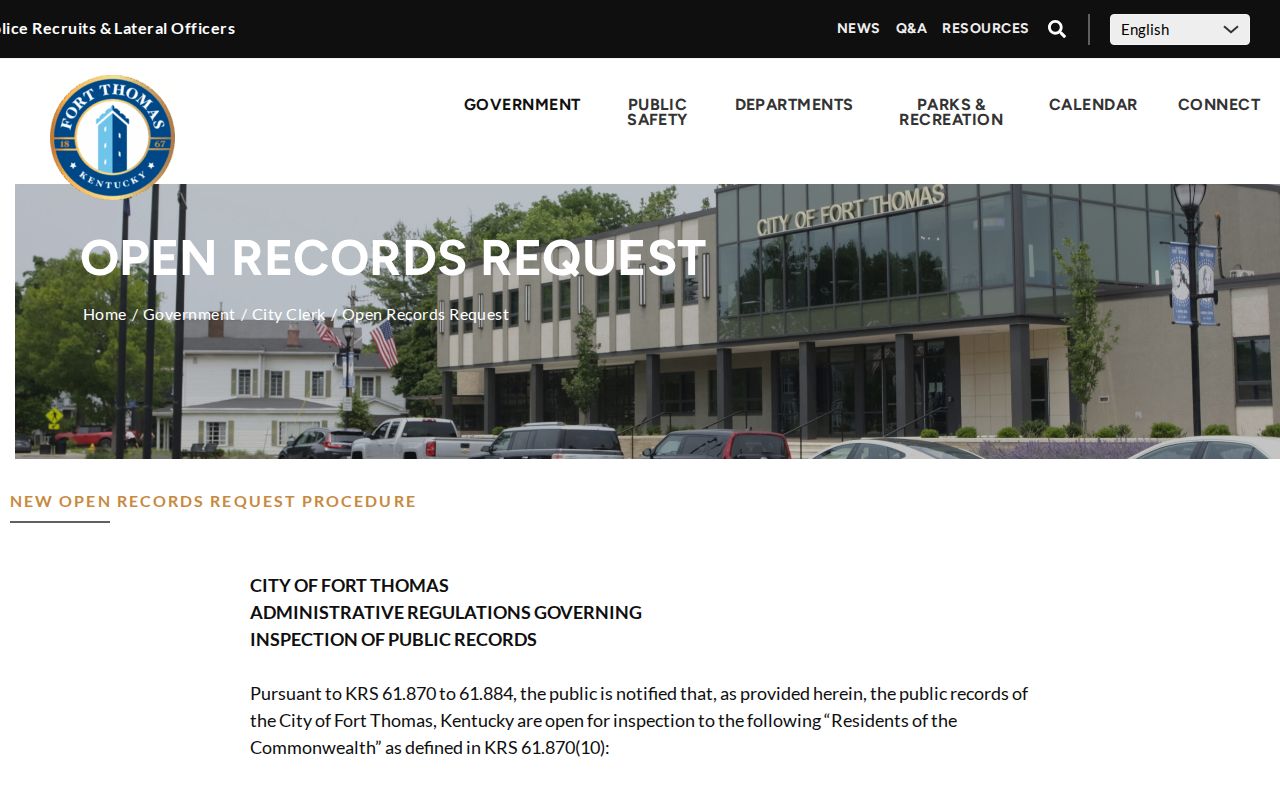 Fort Thomas open records request page for police incident and photo records