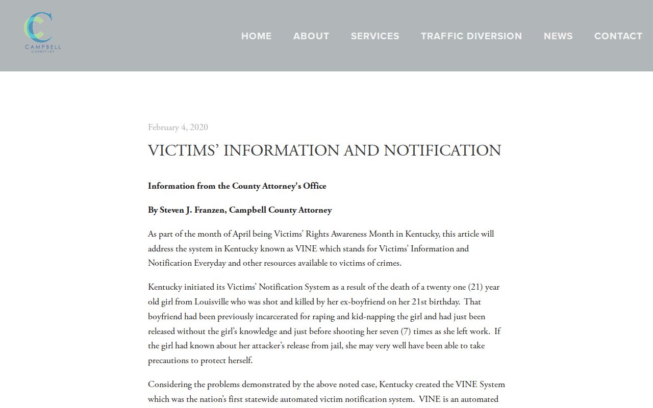 Campbell County Attorney page directing users to Kentucky VINE and JailTracker