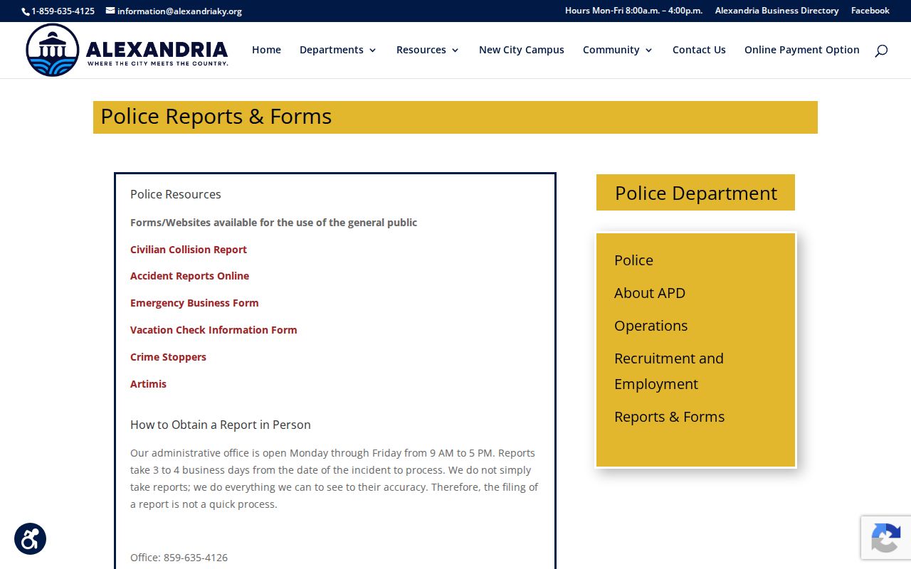 Alexandria Kentucky Police reports and forms page for incident reports and dispatch runs