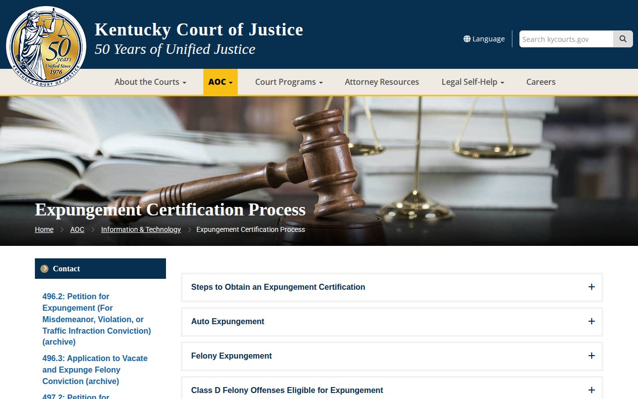 Kentucky Courts official expungement and sealing information